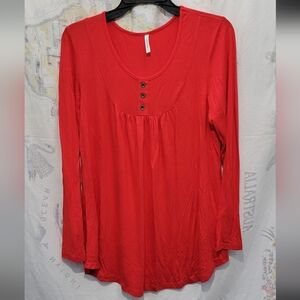 Popyoung Blouse Red Long Sleeve Button Flowy Lightweight Popover Size Large
